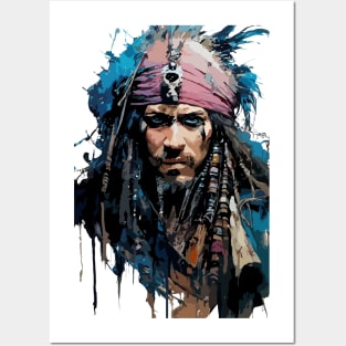 Dangerous Pirate in Old Classic Costume with Furious Face in Ink Painting Style Posters and Art